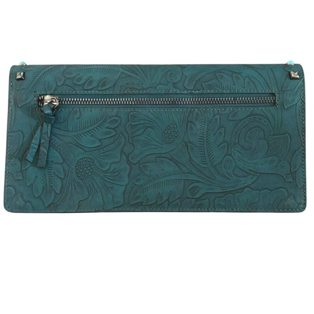 Anna Sui X Inc Western Tooled Leather Clutch Teal Turquoise Studded View 2
